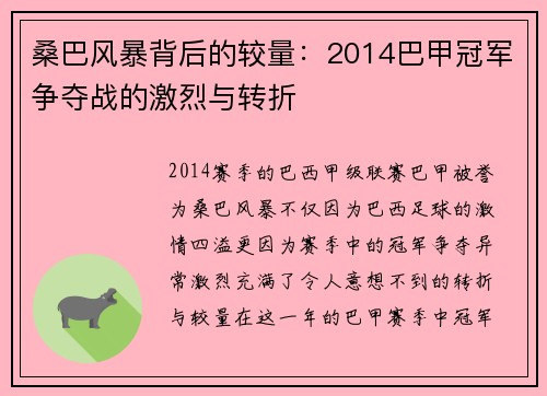 桑巴风暴背后的较量：2014巴甲冠军争夺战的激烈与转折