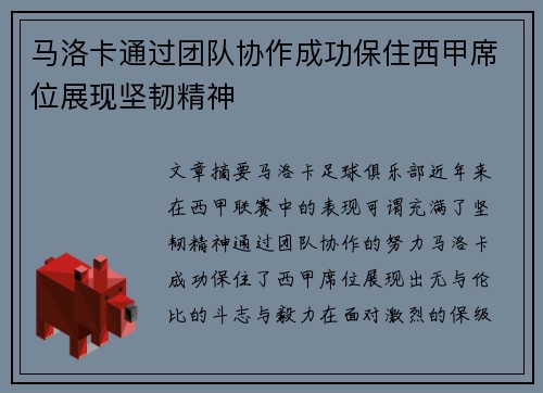 马洛卡通过团队协作成功保住西甲席位展现坚韧精神